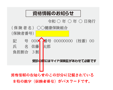 資格情報のお知らせのこの部分に記載されている8桁の数字（保険者番号）がパスワードです。